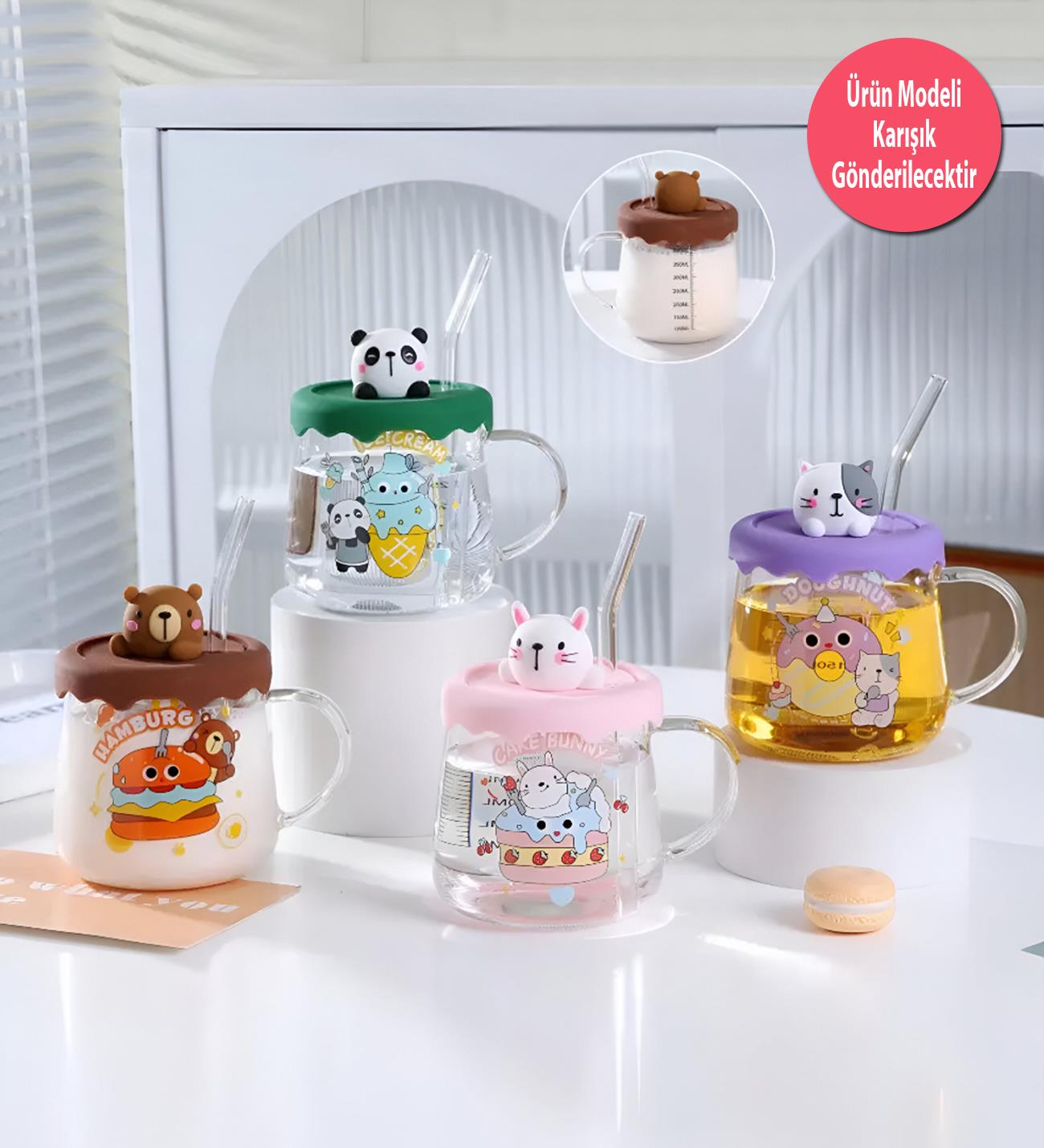 Renkli Hayvan Figürlü Silikon Kapaklı Pipetli Cam KupagiftmodaBM-1628