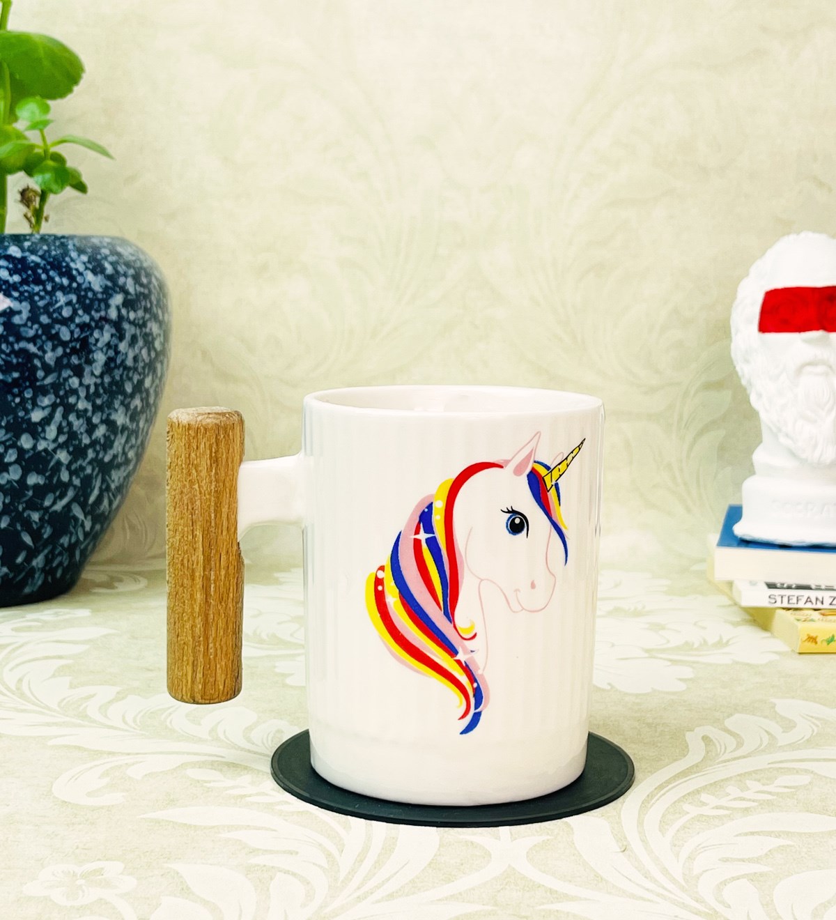 Ahşap Kulplu Unicorn Tasarımlı Seramik KupagiftmodaGmkp100322