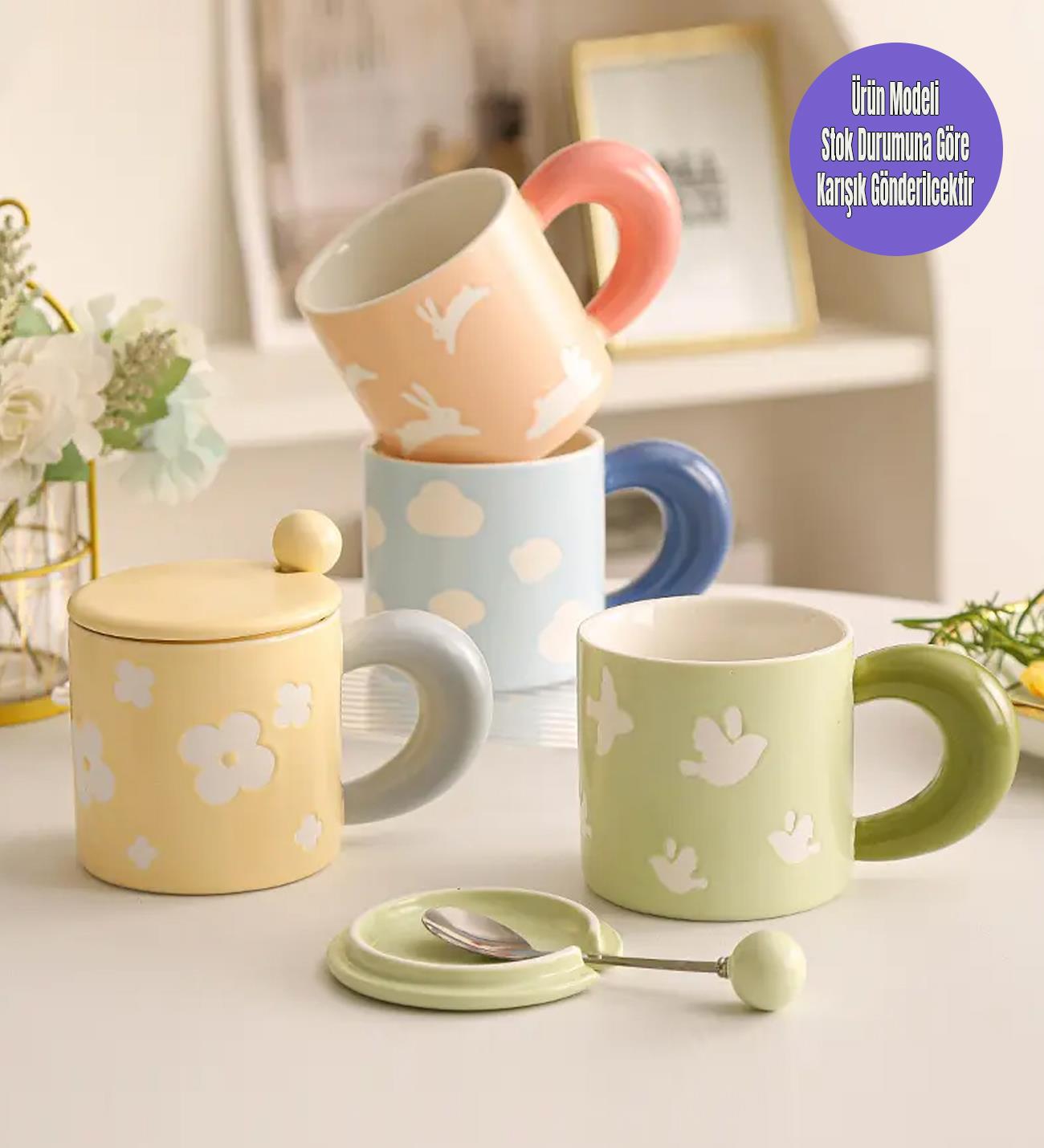 Pastel Renkli Çiçek Ve Hayvan Desenli Seramik KupagiftmodaBM-1442