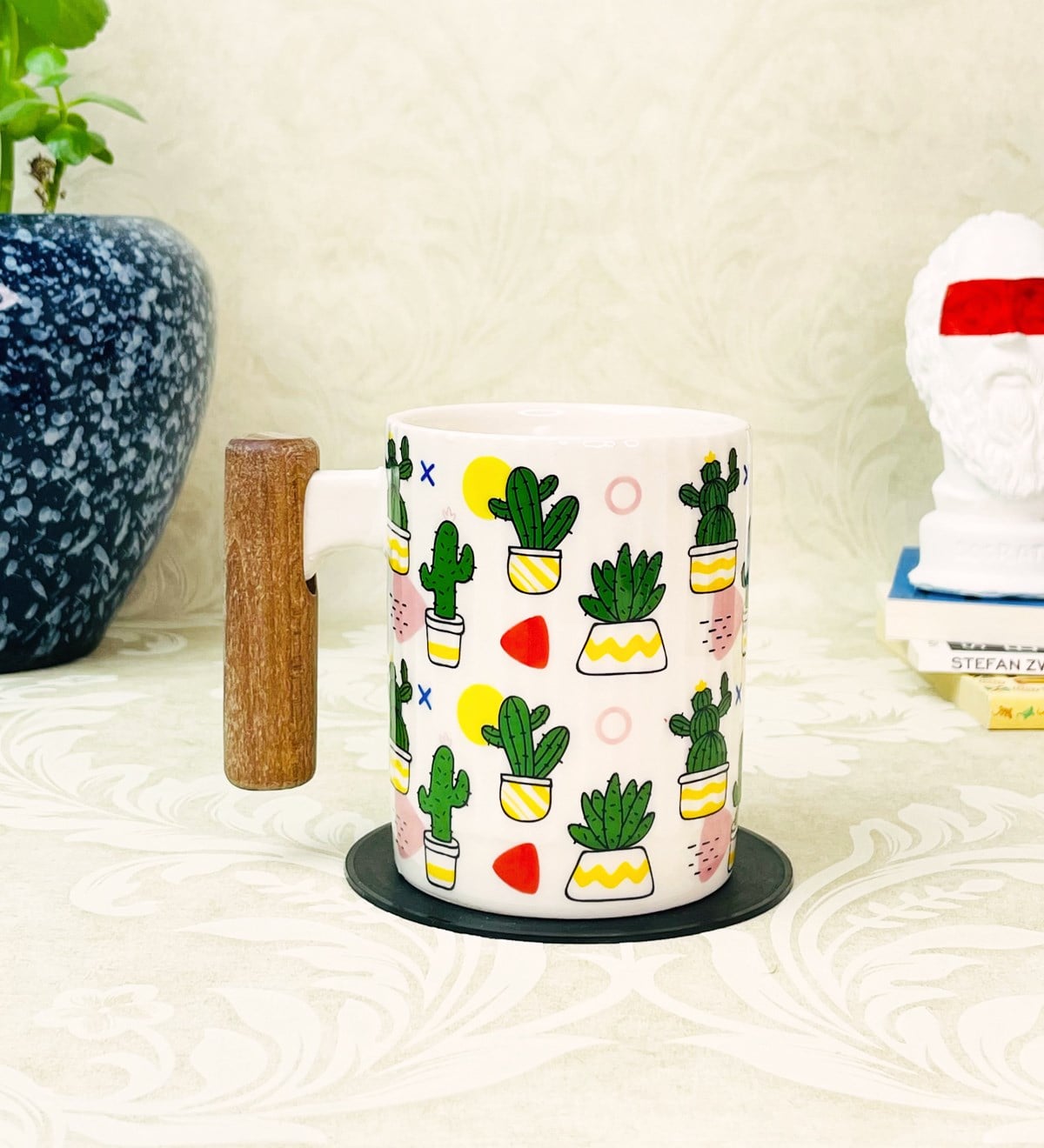 Ahşap Kulplu Kaktüs Tasarımlı Seramik KupagiftmodaGmkp100320