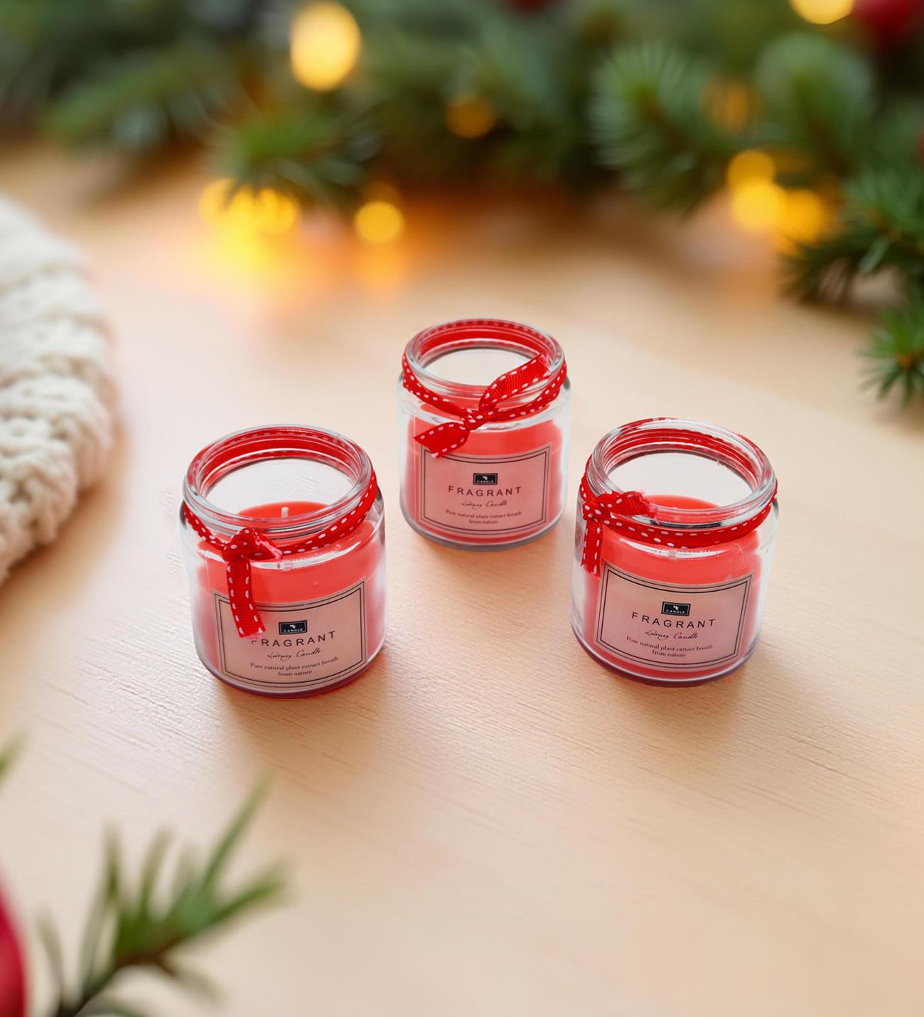 Kurdeleli Kavanozda 3'lü Kırmızı MumgiftmodaBM-1730