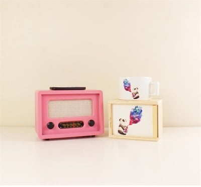 Nostaljik Görünümlü Ahşap Pembe Radyo ve Ahşap Kutusunda Panda Kupa Bardak
