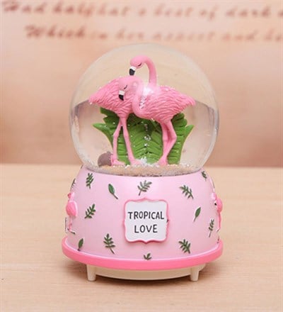 Pembe Flamingo Işıklı Otomatik Kar Küresi Büyük Boy
