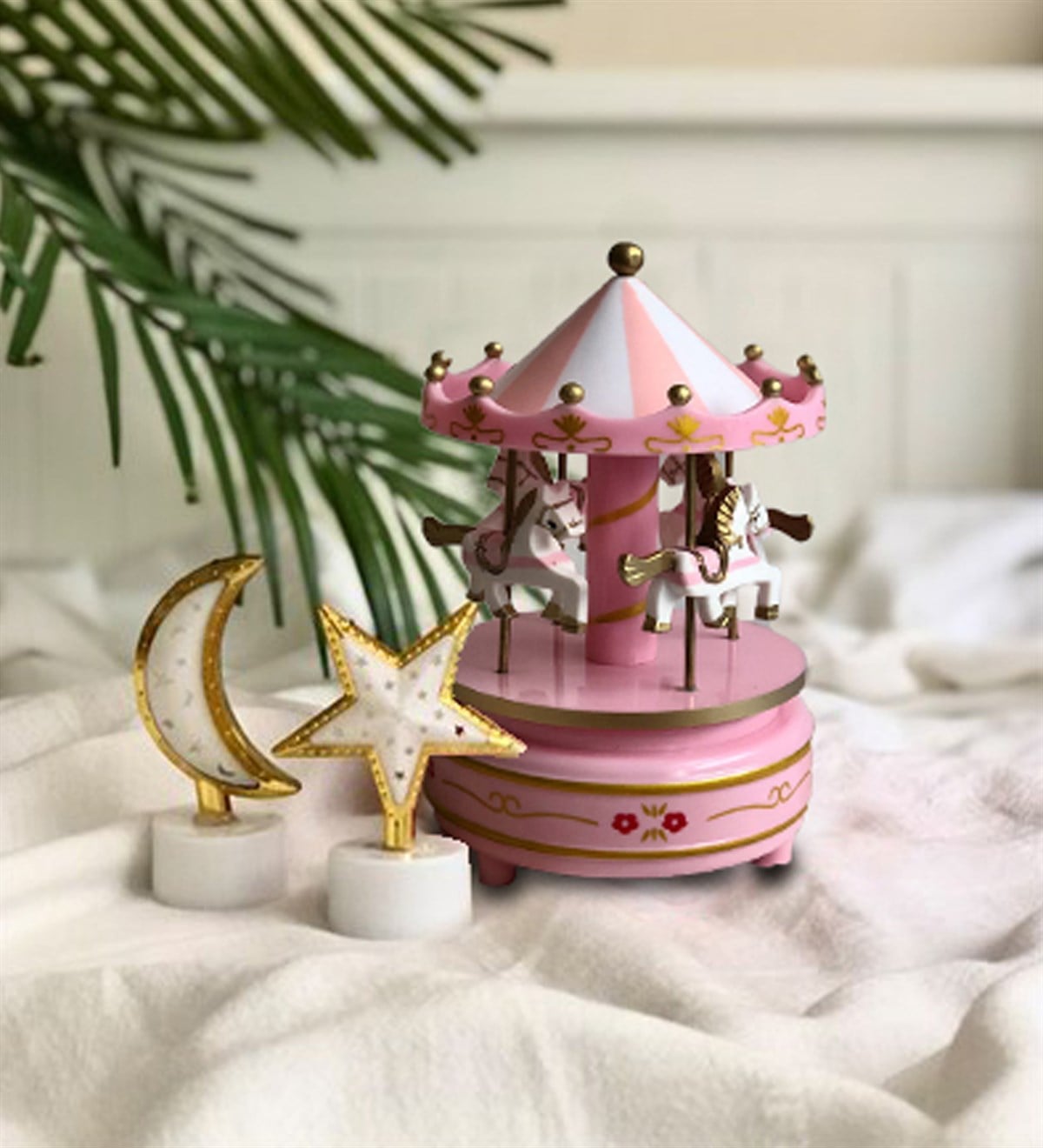 Pembe Nostaljik Atlı Karınca Müzik Kutusu Ve Mini Ay Ve Yıldz Gece LambasıGiftmodaGmhs100403