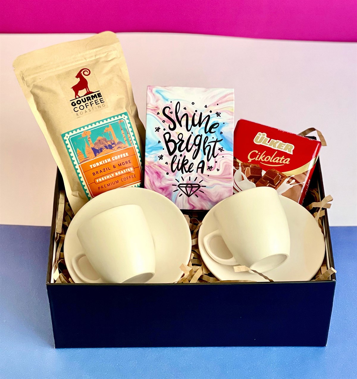 Özel Kutusunda 2'li Türk Kahvesi Fincanı Elmas Mini Fotoğraf Albümü Çikolata ve Türk Kahvesi GiftmodaGmhs101010