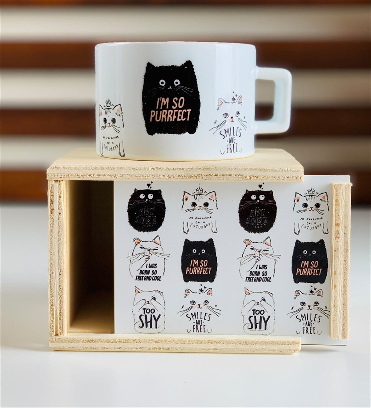 Sevimli Mottolu Ahşap Kutulu Fincan Giftmodamotto-kedi-kupa