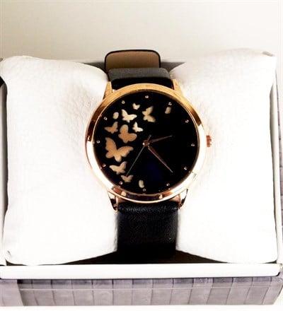 Siyah Deri Kordon Kelebekli Bayan Saati