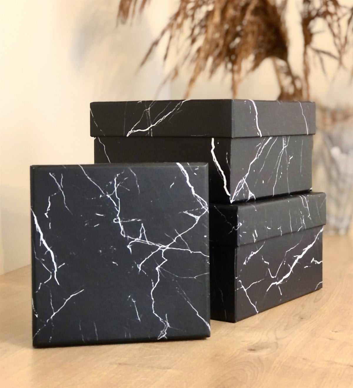 Siyah Mermer Tasarımlı 3'lü KutuGiftmodaGmhk10008