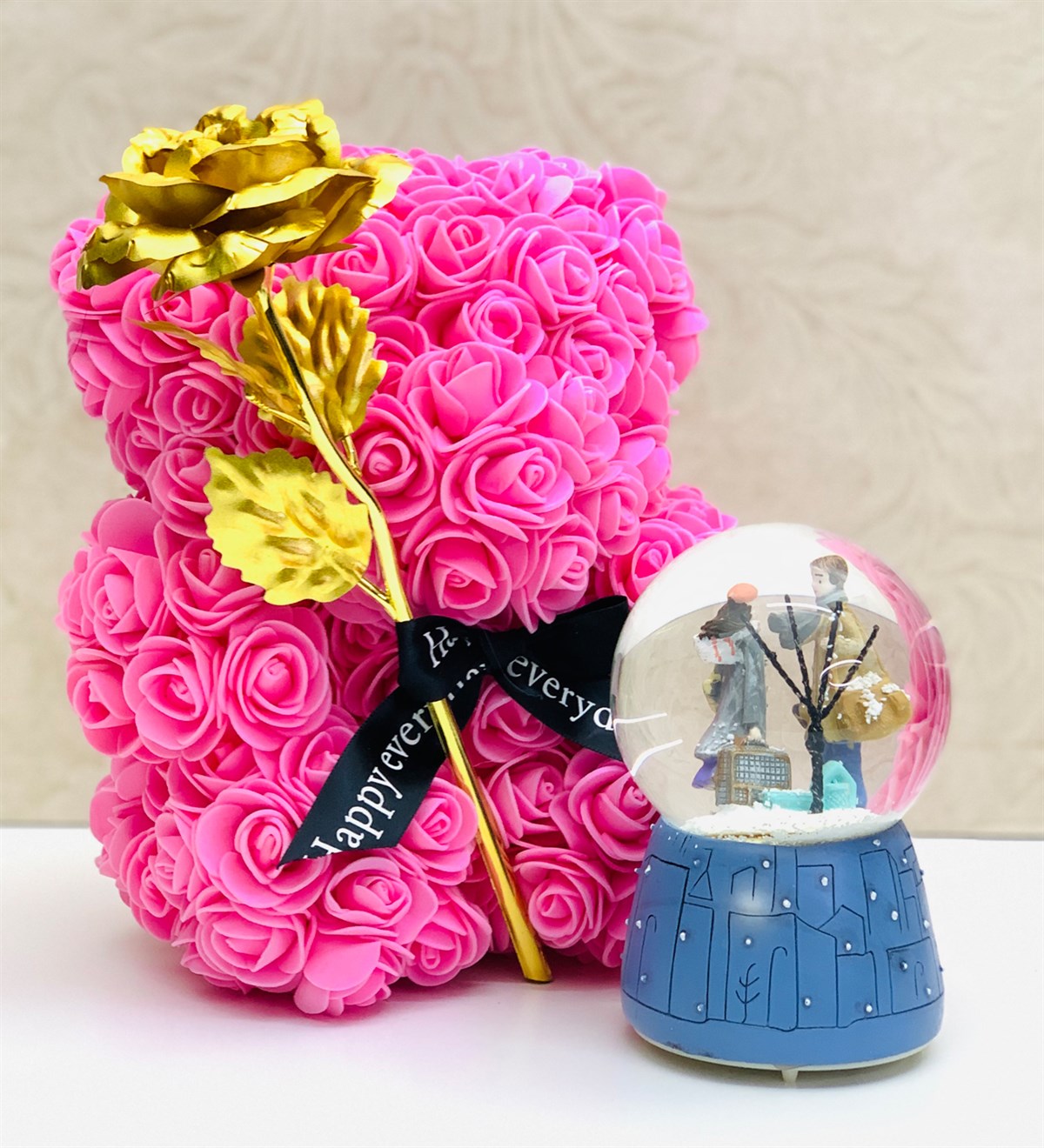 Teddy Rose Bear Ayıcık Altın Gül Ve Romantik Sonbahar Orta Boy Kar KüresiGiftmodaPembe-teddy-rose-altın-gül-1502