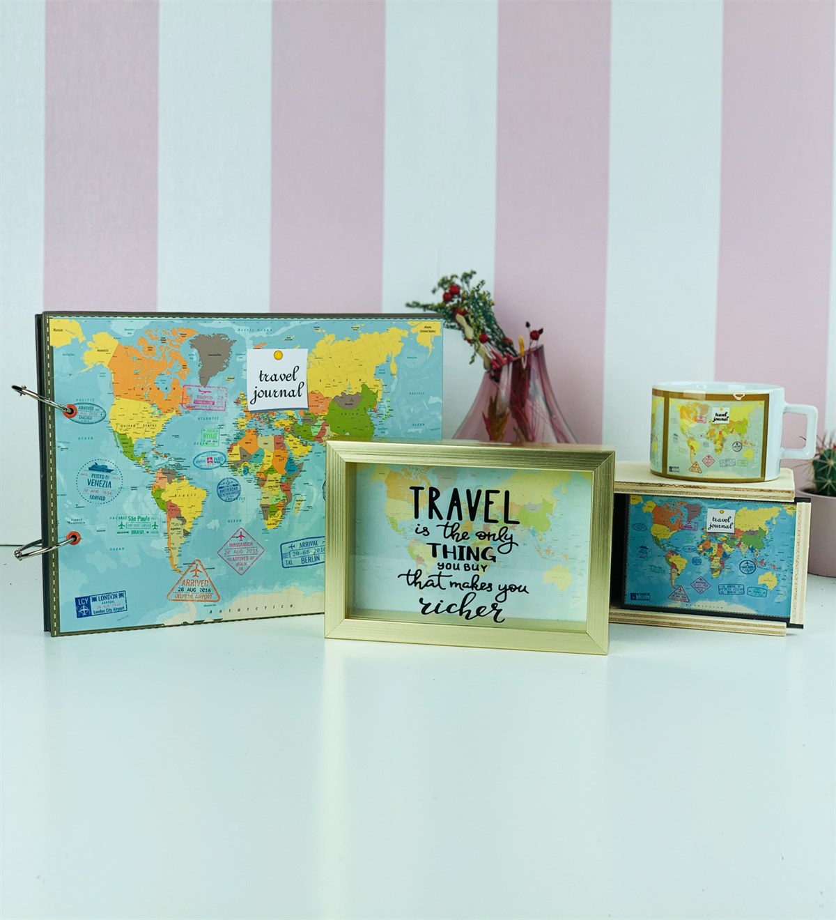 Travel Journel Tasarımlı Kumbara  Albüm Ve Kutulu Kupa SetGiftmodaGm-Set-119
