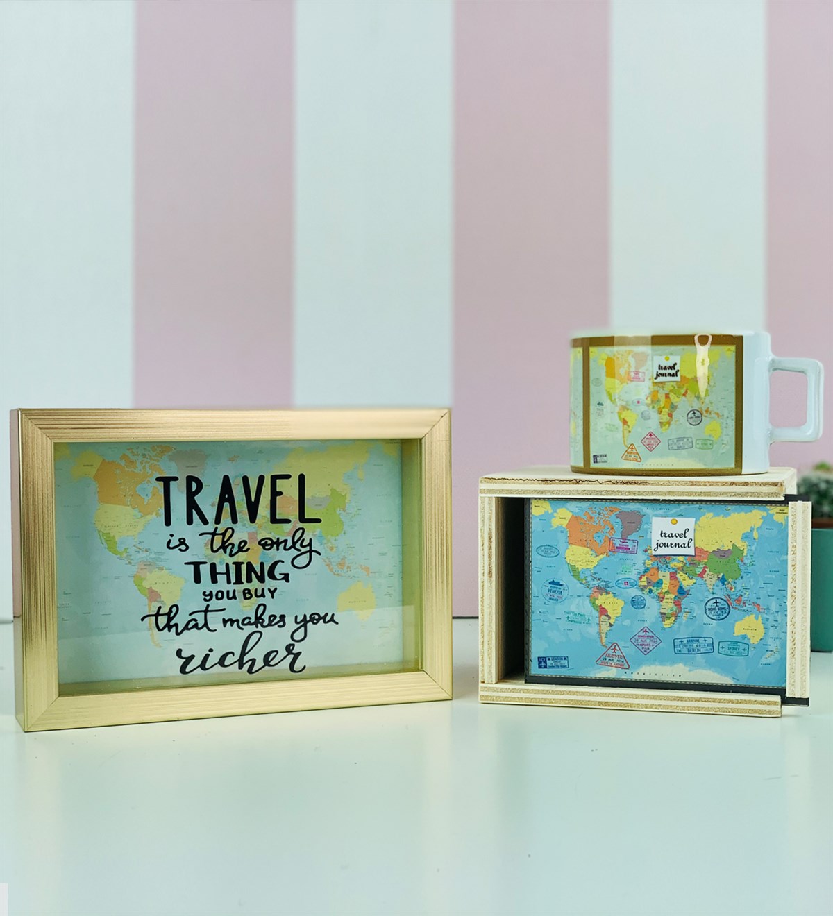 Travel Journel Tasarımlı Kumbara Ve Kutulu Kupa SetGiftmoda Gm-Set-117