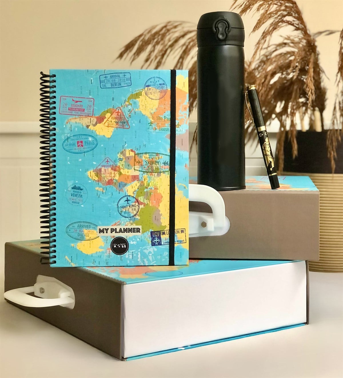 Travel Tasarımlı Özel Kutulu Hediye SetiGiftmoda Travel-Çelik-MKA