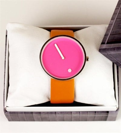Turuncu Pembe Deri Unisex Tasarım Saat