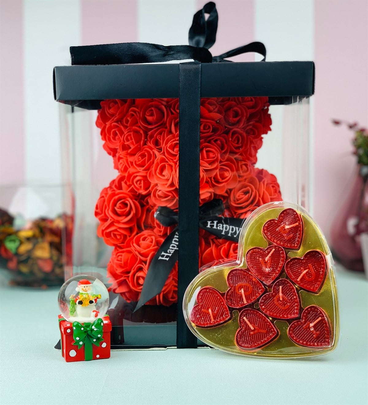 Yılbaşı Hediye Seti Kırmızı Teddy Rose Mum Ve Christmas Kar KüresiGiftmodaTeddy-Mum-Kar Küresi-Set