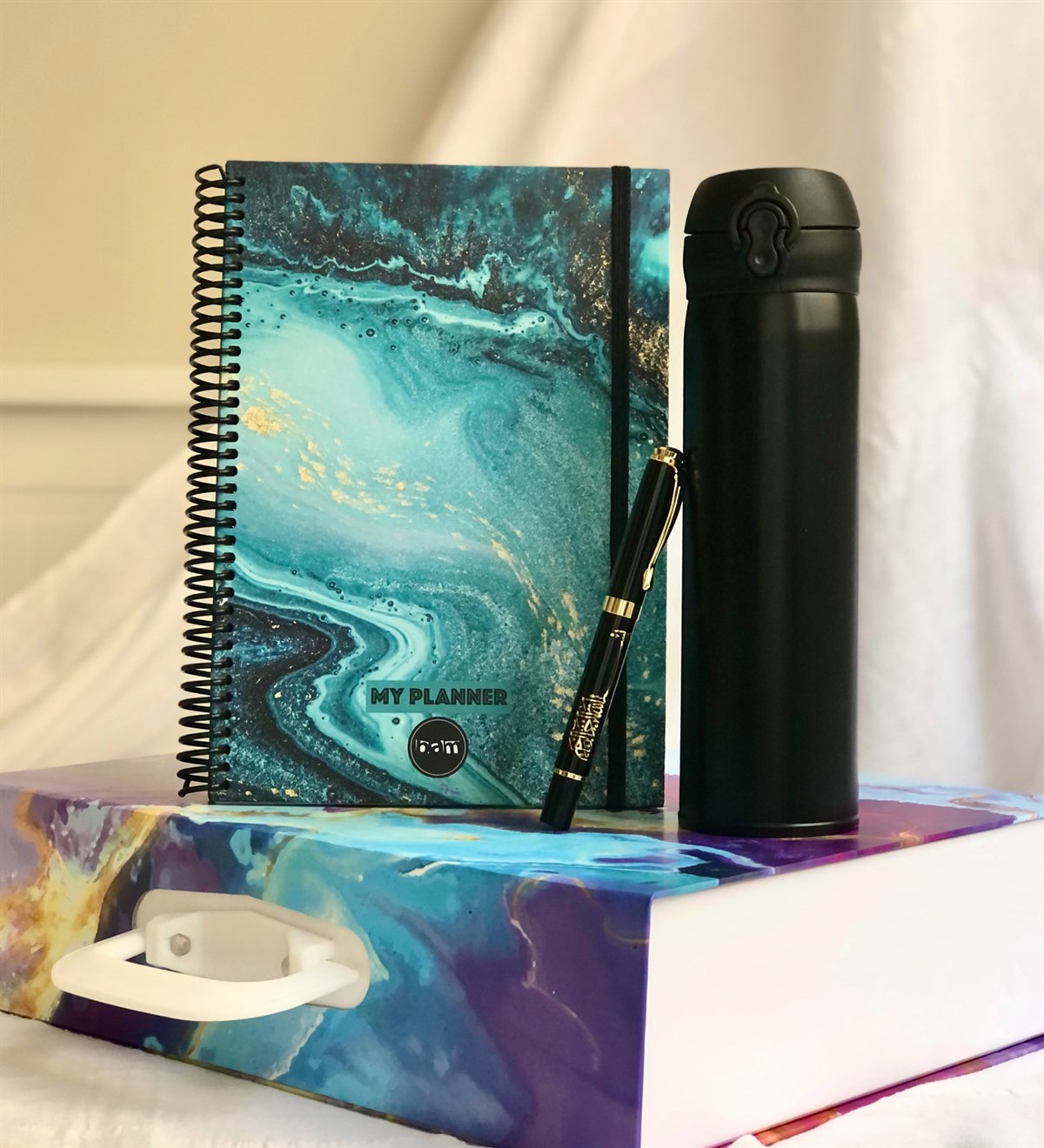  Kişiye Özel Ebruli Tasarımlı Özel Kutulu Hediye Seti Giftmoda Ebruli-Celik-Bes