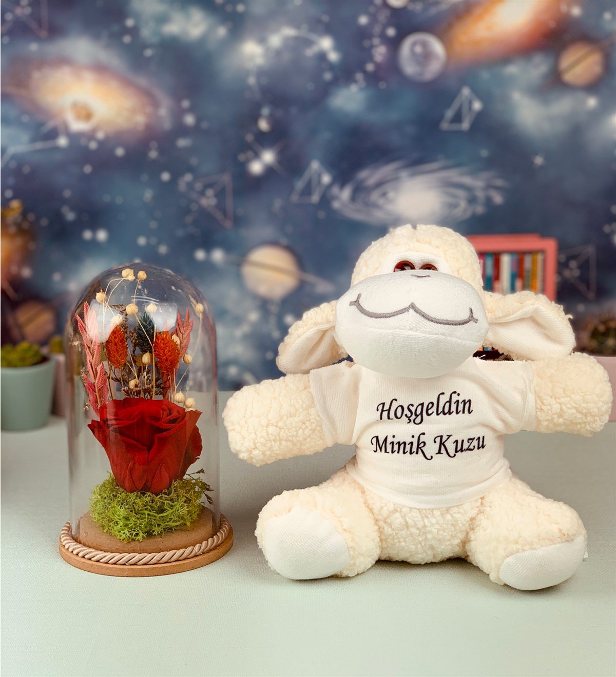 Cam Fanus İçerisinde Solmayan Gül ve Peluş Kuzu SetGiftmodaKuzu-peluş-gül