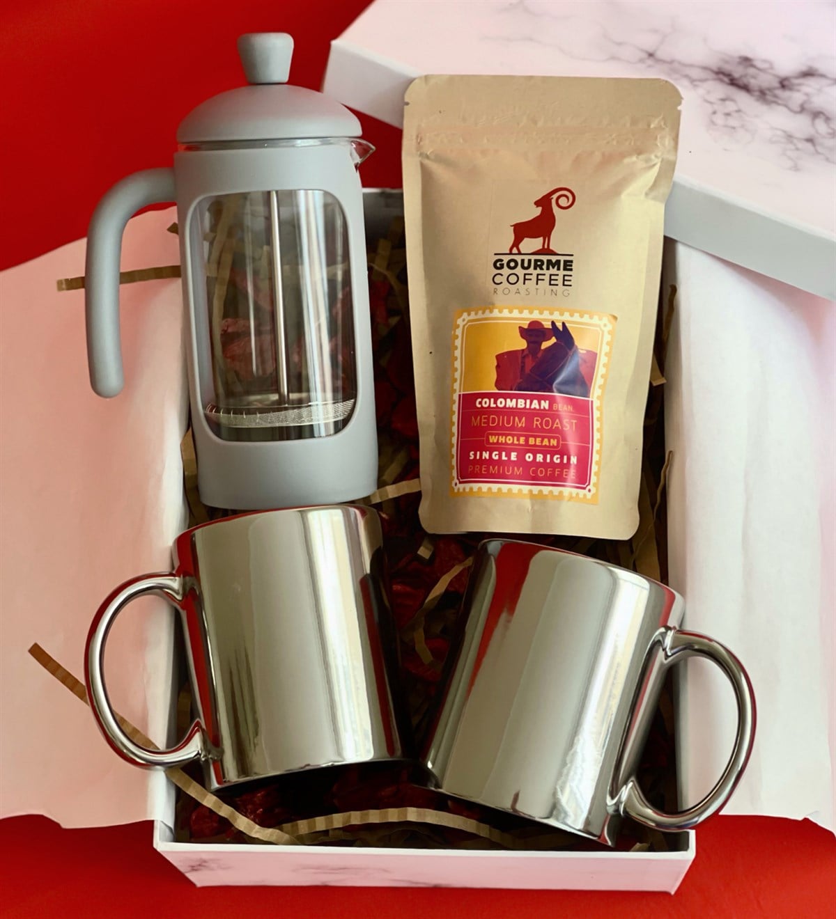 Çift Gümüş Kupa French Press & Filitre Kahve Sevgiliye Hediye SetiGiftmoda Gmhs100334