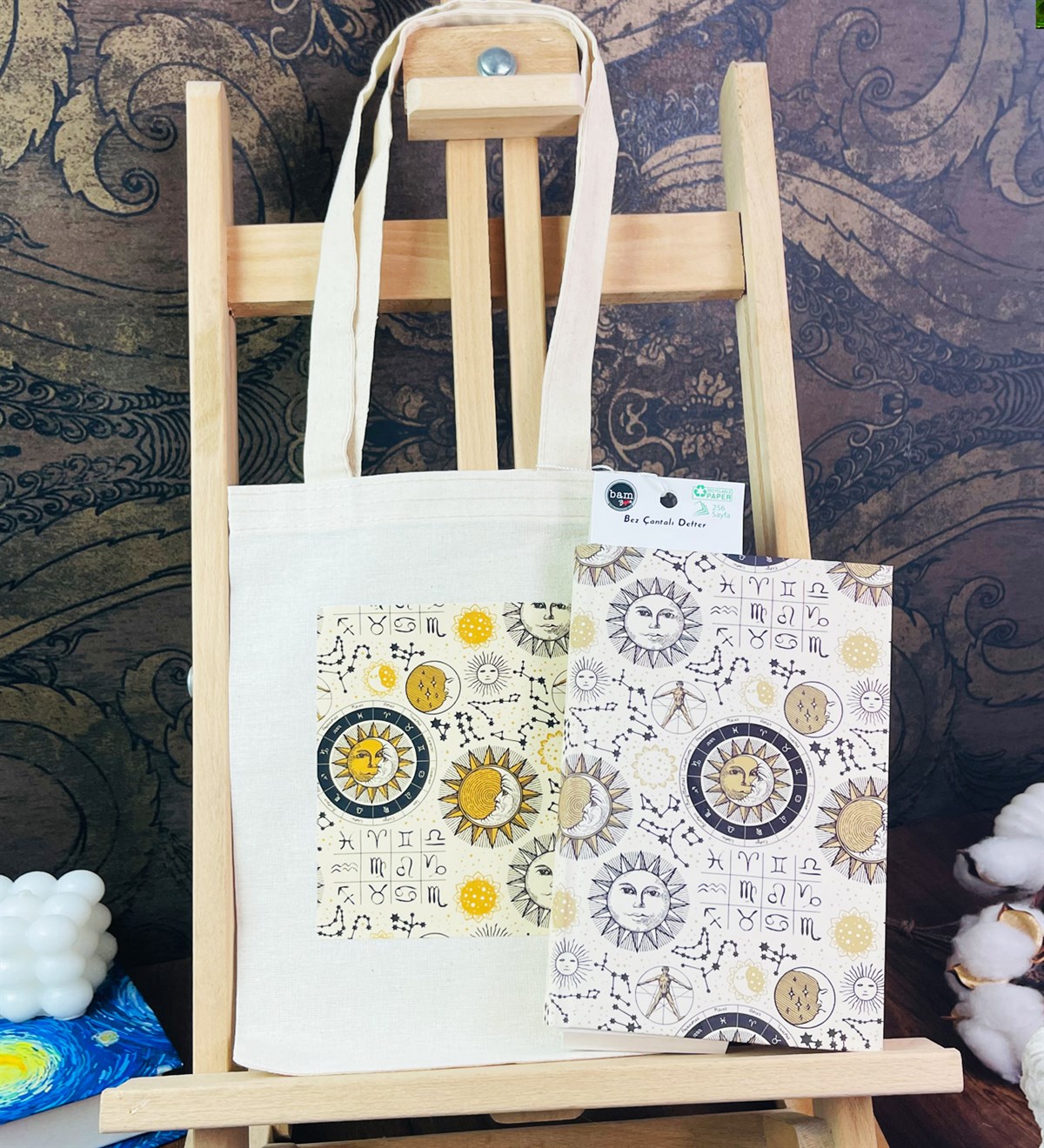 Tarot Ay Ve Güneş Tasarımlı Kalın Kitap Görünümlü Defter Ve Bez Çanta SetgiftmodaGmhs101804