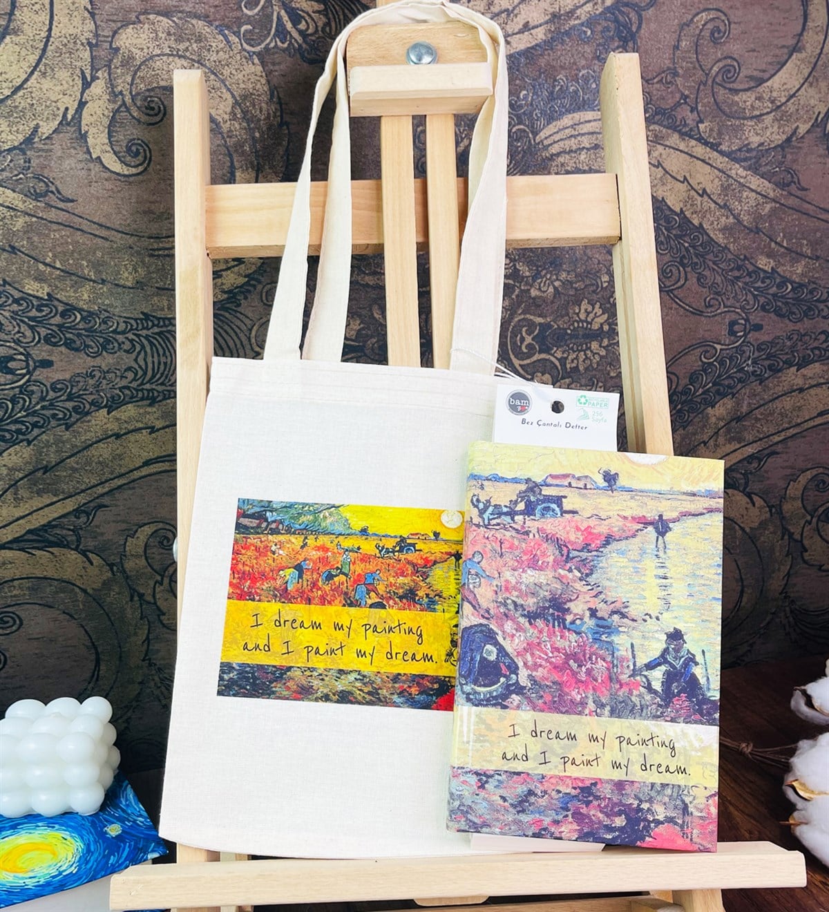 Arles'te Kırmızı Bağ Kalın Kitap Görünümlü Defter Ve Bez Çanta SetgiftmodaGmhs101805