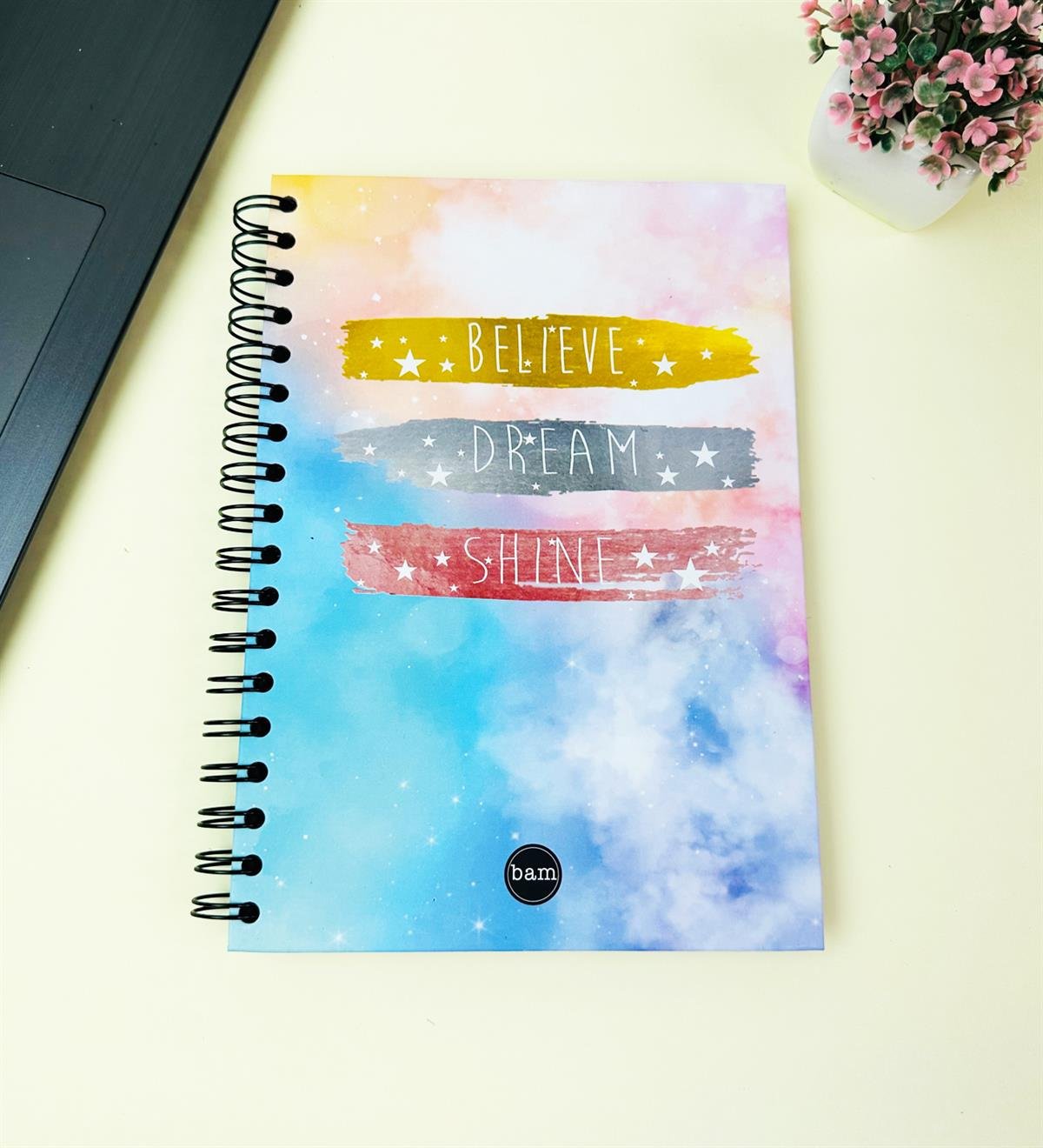 23x16Cm Üstten Spiralli Sketch Book - Eskiz Defteri - Siyah Sayfa - 120 Gr - 64 YaprakgiftmodaBam-3001-4-Believe-Dream-Shine