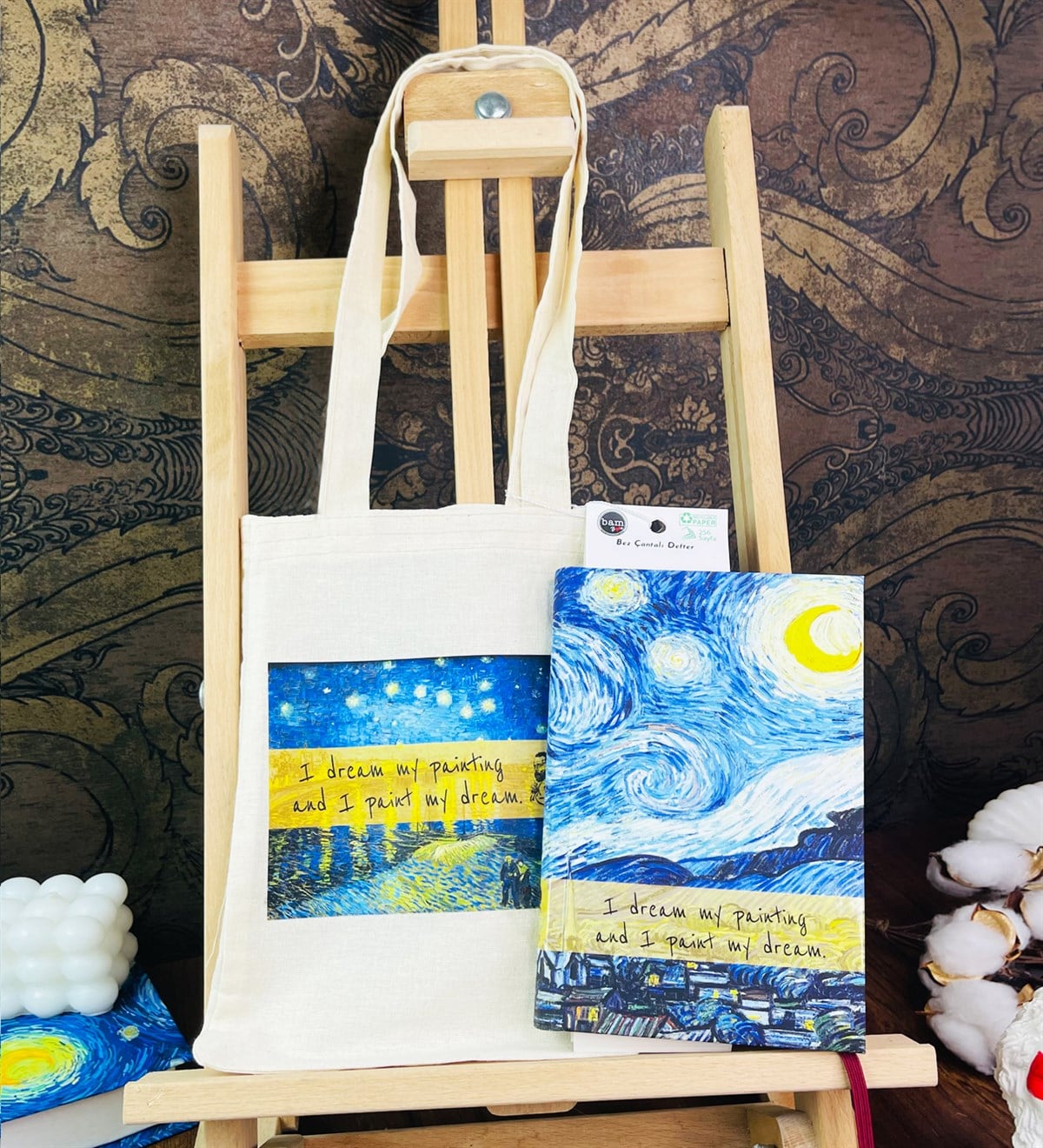 Van Gogh Yıldızlı Gece Kalın Kitap Görünümlü Defter Ve Bez Çanta SetgiftmodaGmhs101807