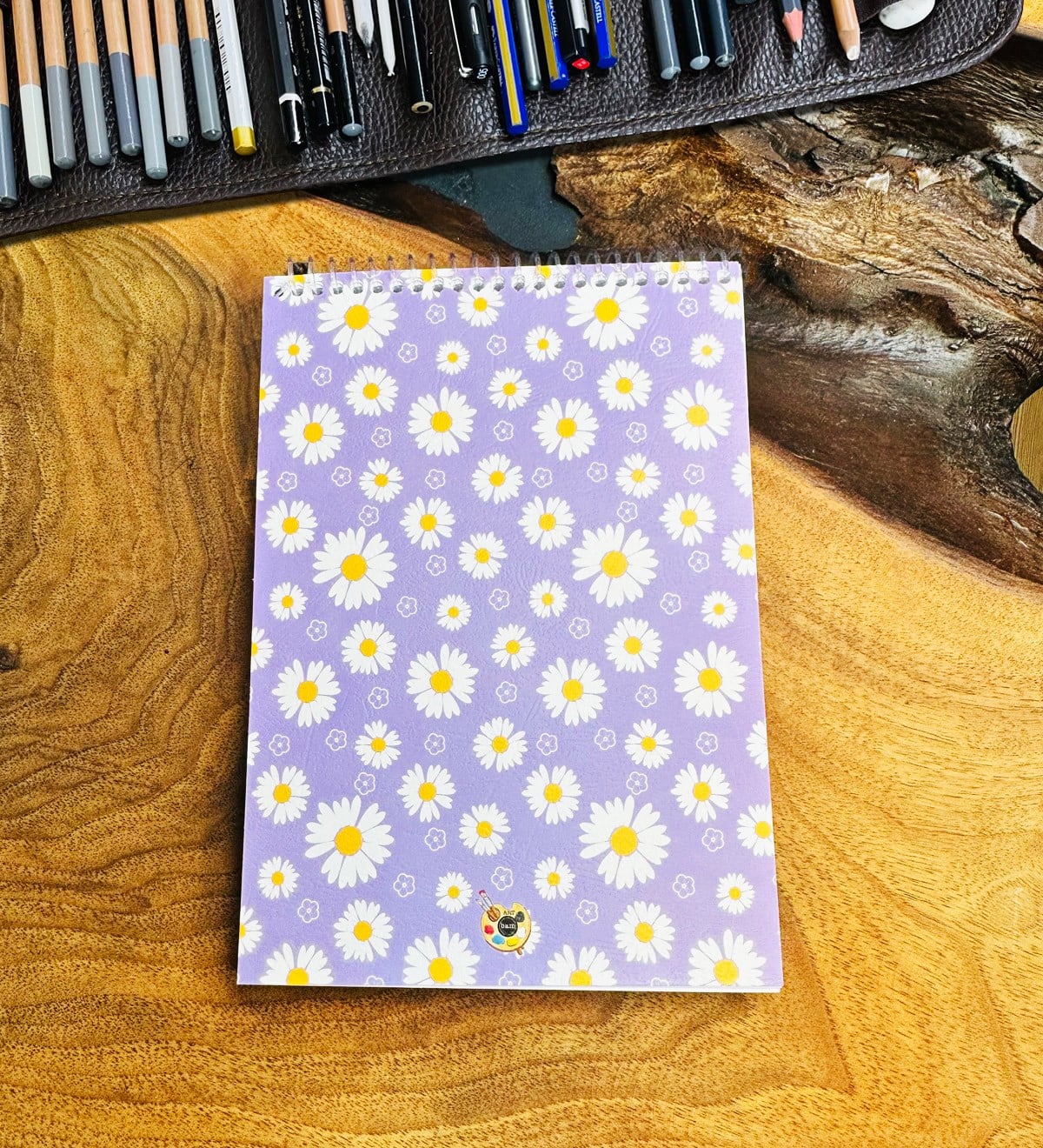 A5 Sketch Book - Eskiz Defteri - Spiralli Tutuş / Grenli Sert Tasarım KapakgiftmodaGmd100644-Mor-Papatya