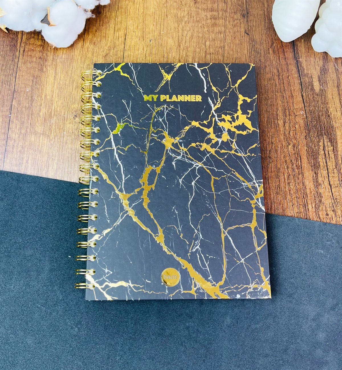 Altın Yaldızlı Siyah Mermer Tasarımlı Spiralli DeftergiftmodaGmd100191