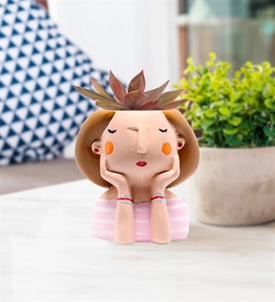 Dekoratif Pembe Çizgi Elbiseli Mini Saksı