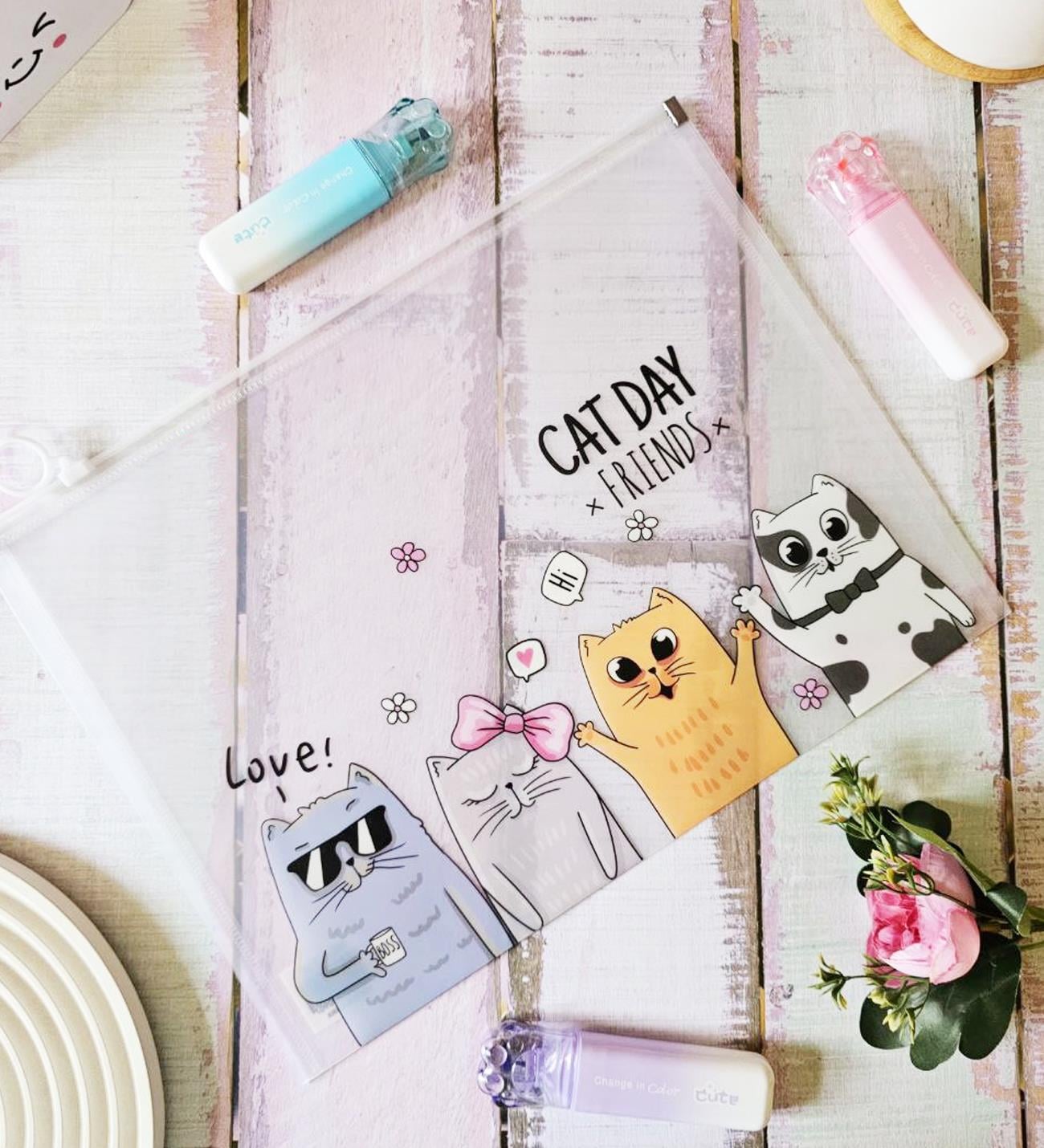 Cat Day Friends Kedi Desenli A4 Şeffaf Dosya giftmodaBM-1892