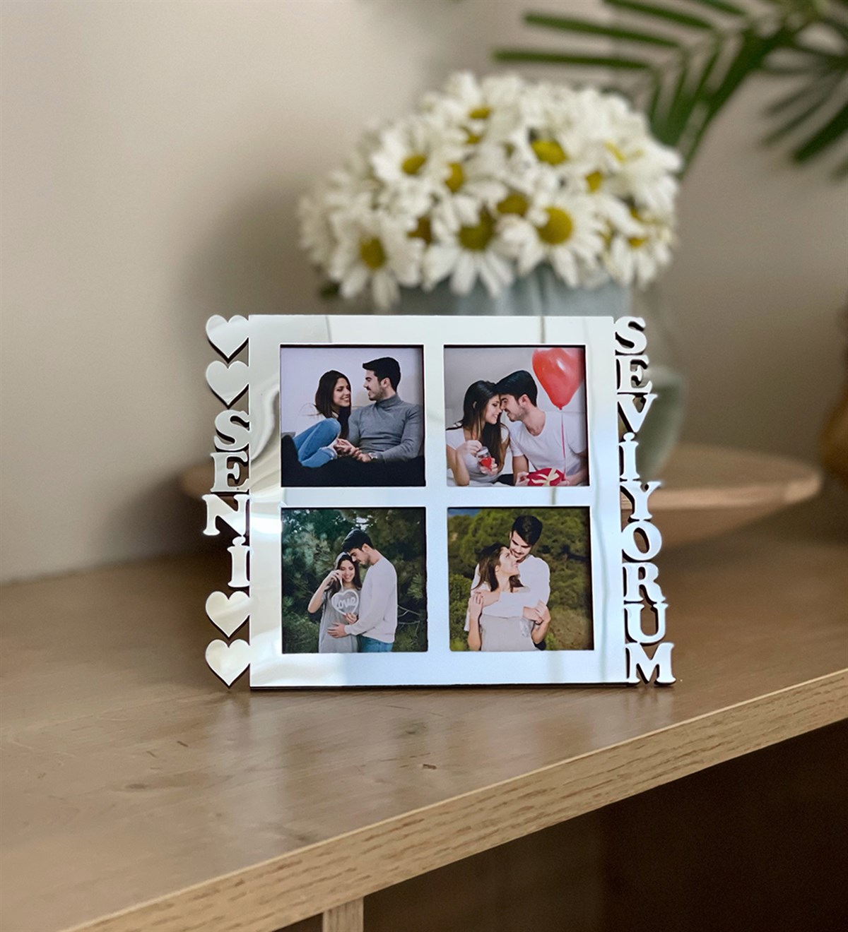 Kişiye Özel 4 Fotoğraflı Seni Seviyorum Mdf Çerçeve GümüşGiftmodaGmfc100013
