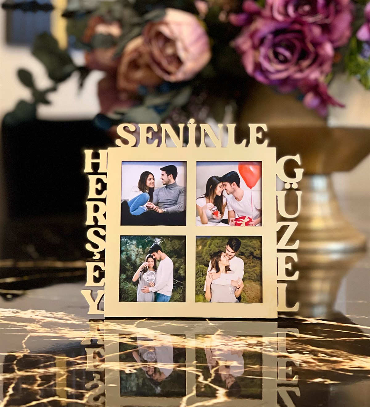 Herşey Seninle Güzel 4 Fotoğraf Standlı Mdf Çerçeve GoldgiftmodaGmfc100052