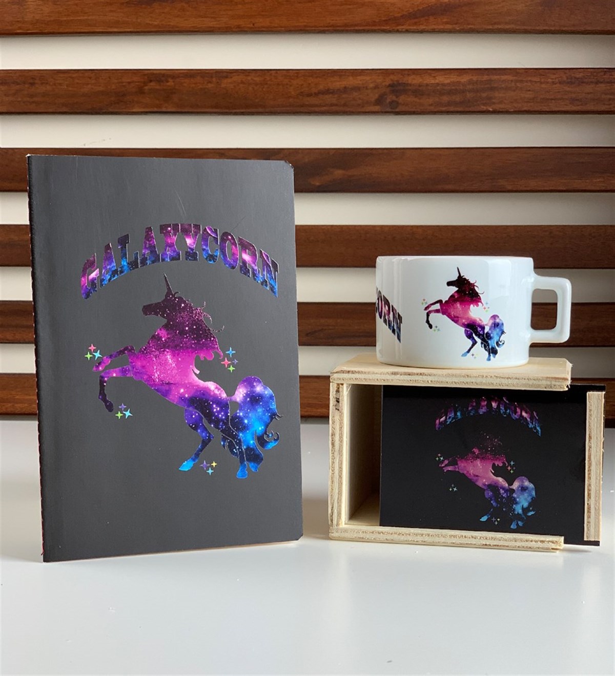 Galaxycorn Ahşap Kutulu Kupa Ve Defter Seti