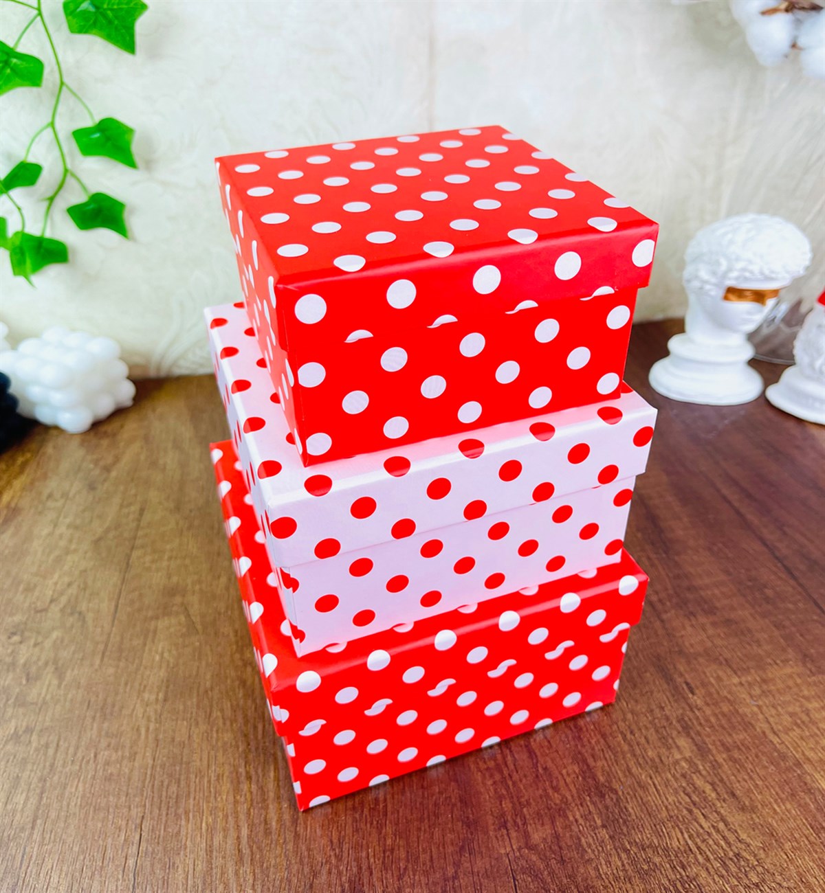 Kırmızı Puantiye Tasarımlı 3'lü KutugiftmodaGmhk10059