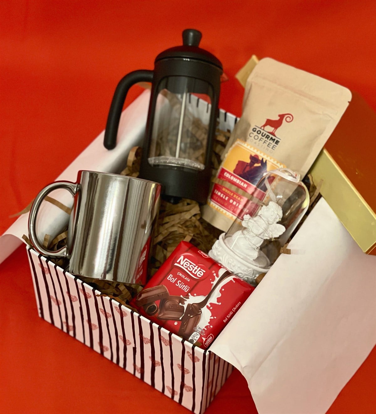 Işıklı Melek Biblo French Press & Filtre Kahve Gümüş Kadınlara Özel Hediye SetiGiftmodaGmhs100418