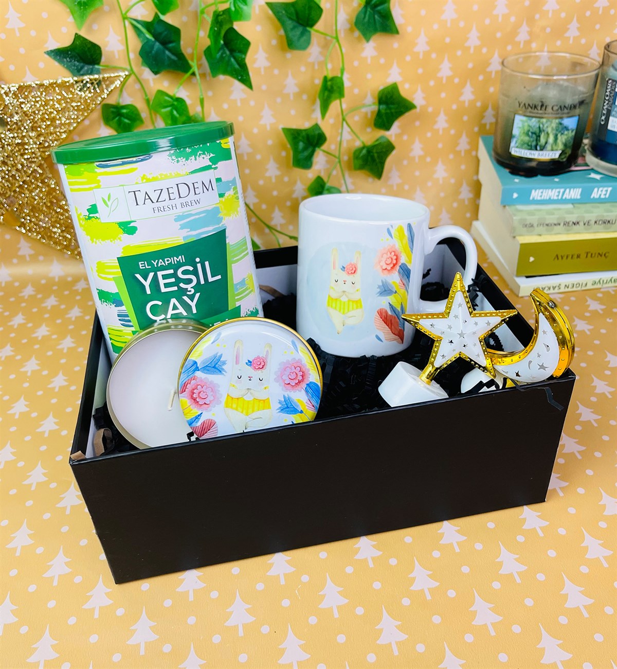 Huzurlu Tavşan Tasarımlı Mum Kupa Ay Yıldız Mini Lamba Ve Premium Yeşil Çay SetgiftmodaGmhs101382
