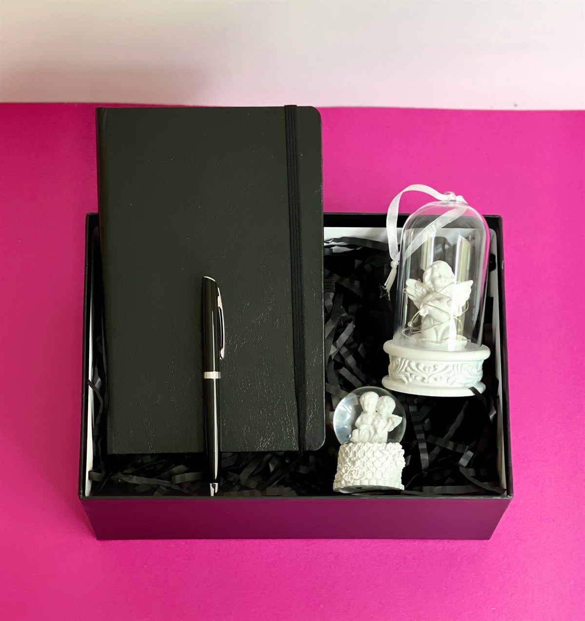 Siyah Deri Defter Roller Kalem Işıklı Melek Kalp Biblo Ve Mini Boy Melek Kar KüresiGiftmodaGmhs101133