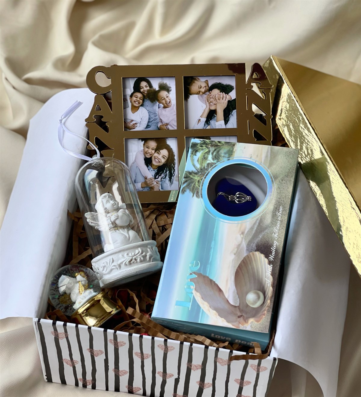 Gold Canım Annem Çerçeve İnci Kolye Işıklı Melek Biblo Ve Mini Melek Kar Küresi Anneye Hediye SetigiftmodaGmhs100600