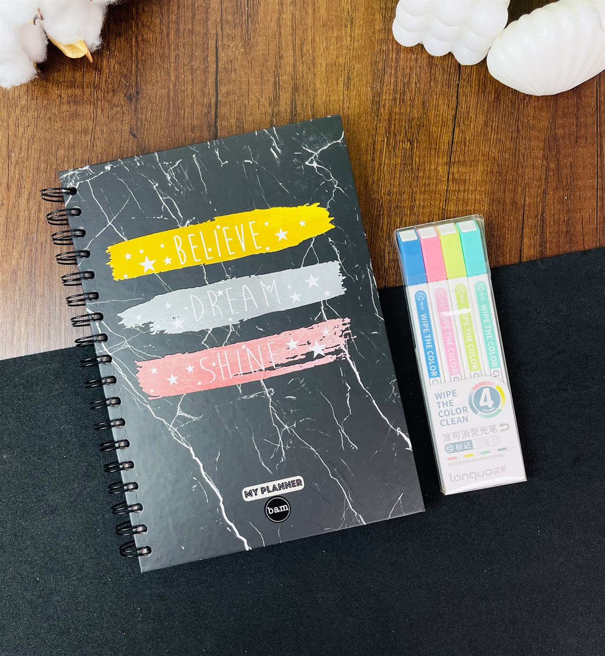 Believe Dream Shine Tasarımlı Konuşan Ajanda Ve 4'lü Çift Taraflı Keçeli Silinebilir Kalem SetgiftmodaGmhs101402