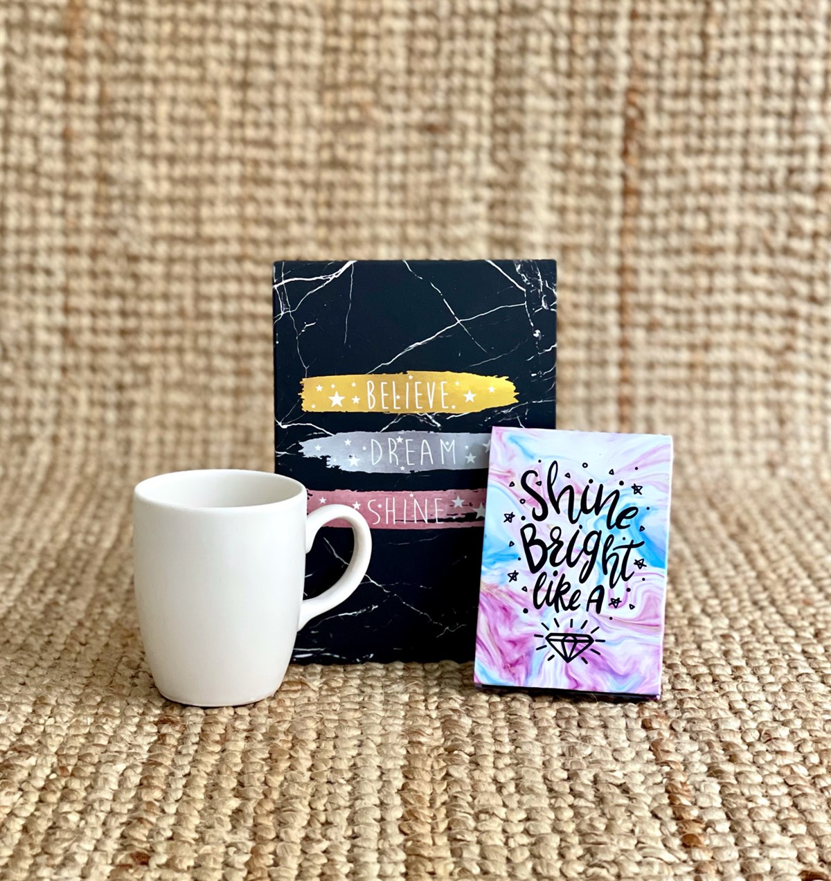 Elmas Motto Tasarımlı Mini Albüm Beyaz Bulut Kupa Ve Believe Dream Shine Tasarımlı Defter SetgiftmodaGmhs100935