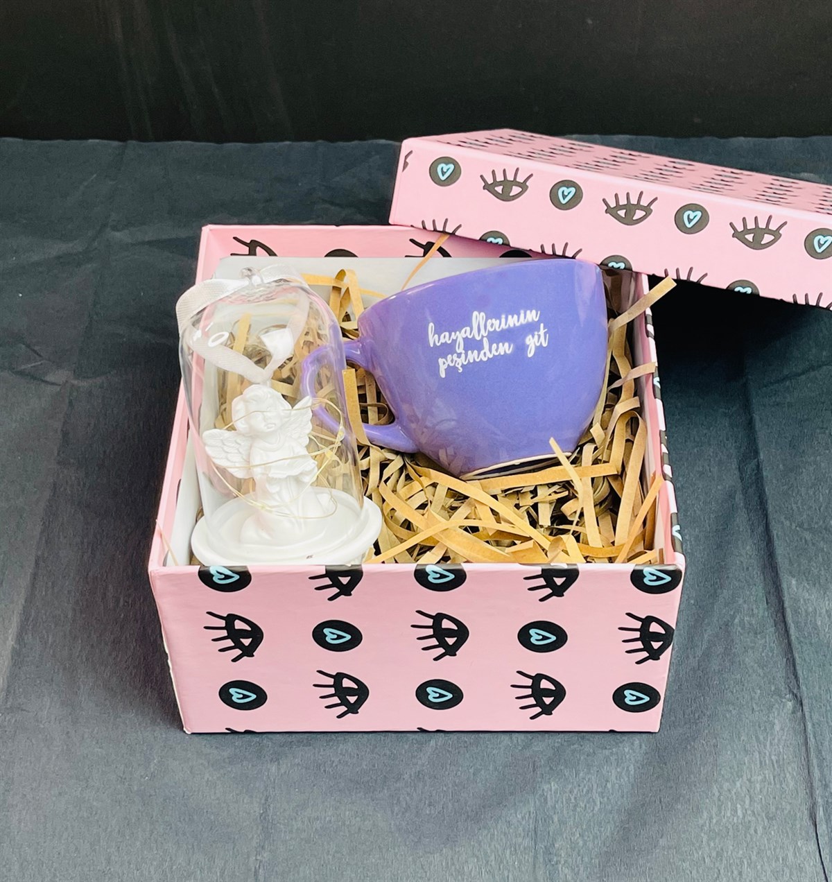 Hayallerinin Peşinden Git Tasarımlı Mor 6 Cm Kupa Ve Işıklı Melek Biblo SetgiftmodaGmhs101238