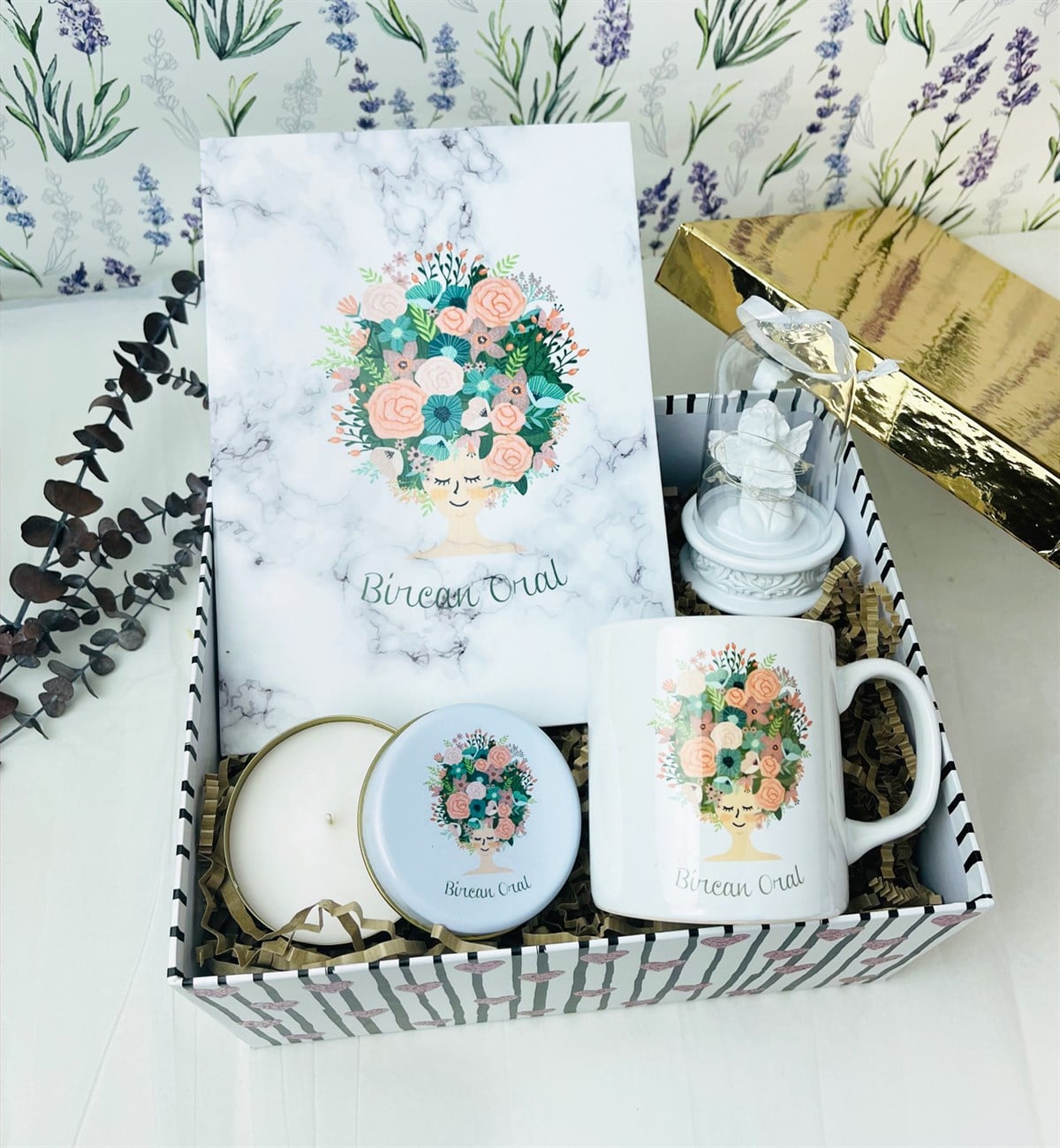 Kişiye Özel Çiçek Kadın Tasarımlı Kutulu Kupa Ajnda Işıklı Melek Biblo Ve Kokulu Cam Mum SetgiftmodaGmhs100442