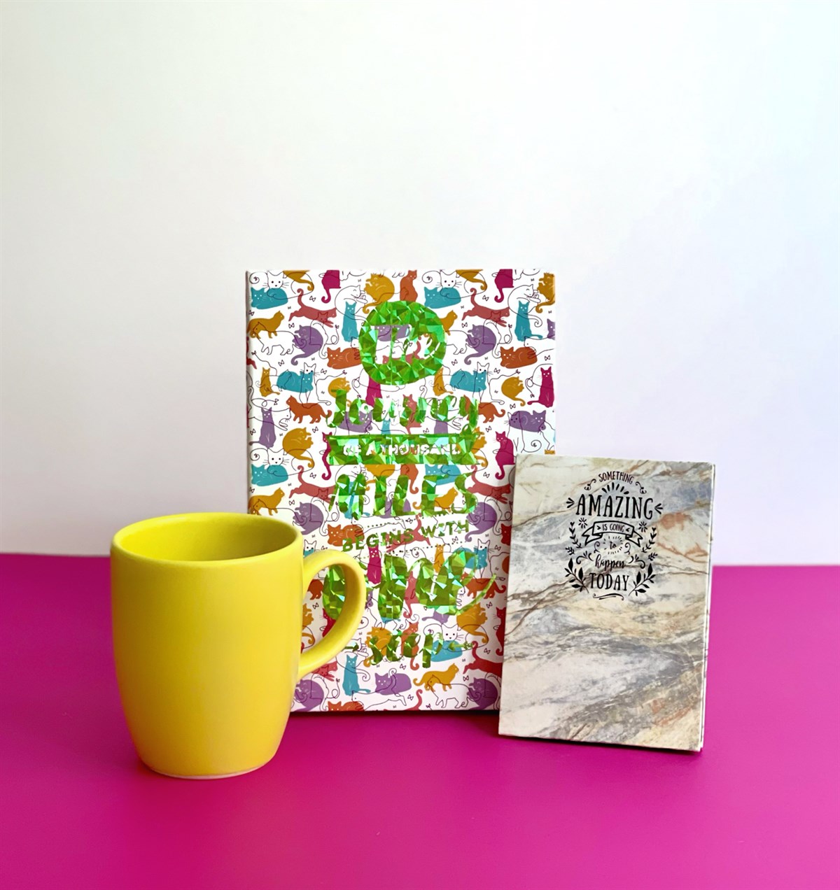 Best Friends Tasarımlı Mini Albüm Sarı Bulut Kupa Ve  Renkli Kedi Motto Tasarımlı Defter SetgiftmodaGmhs100941