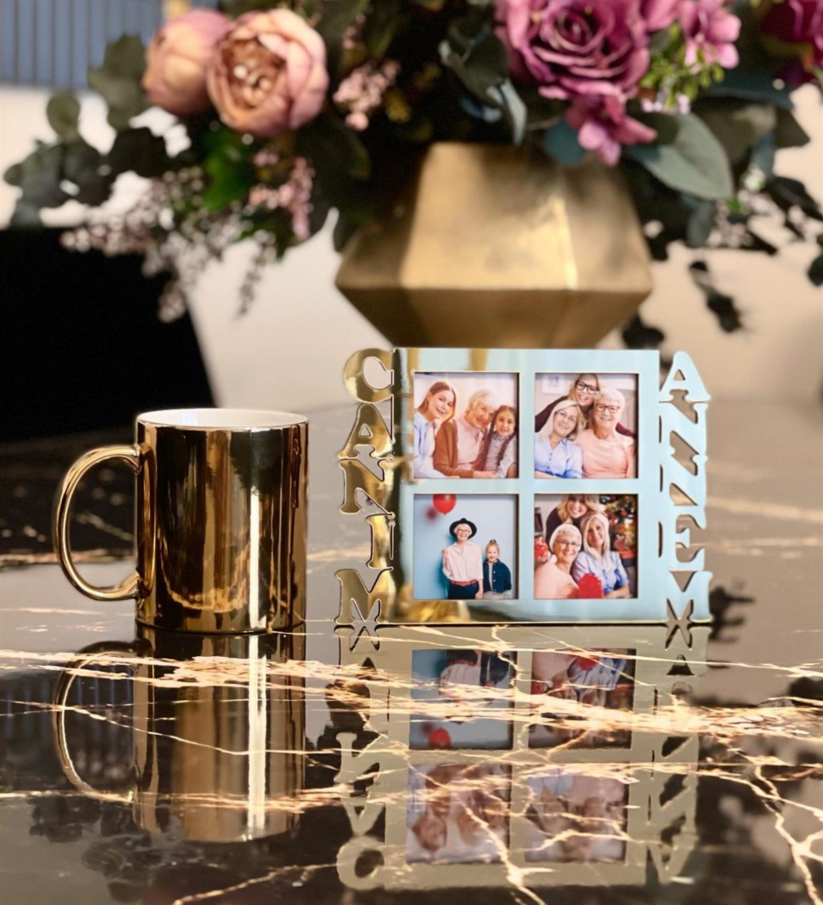 Canım Annem 4 Fotoğraf Standlı Mdf Gold Çerçeve Ve Gold Kupa SetGiftmodaGmhs100509-Gmfc100029 