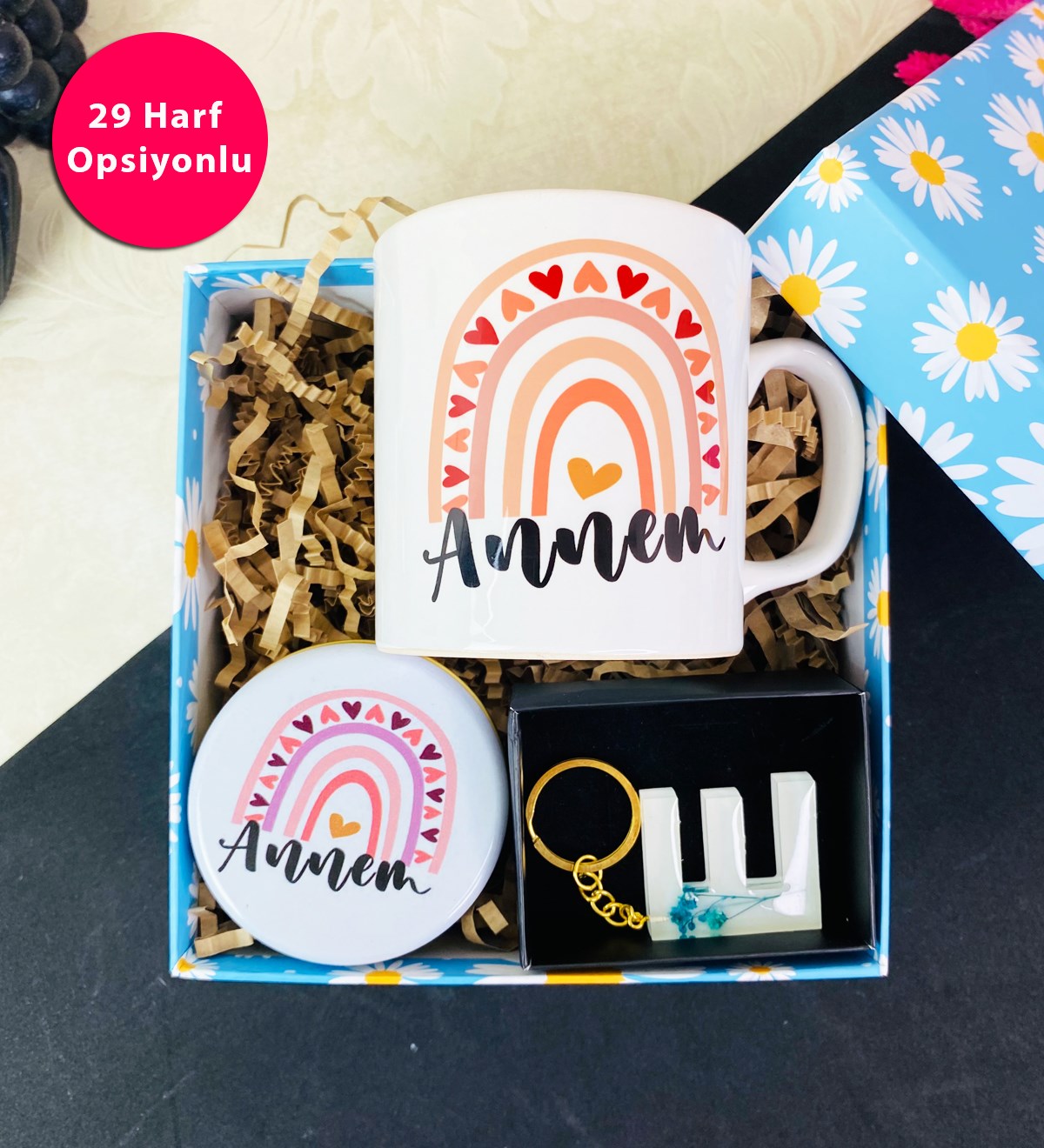 Çiçekli Epoksi Anahtarlık Ve Gökkuşağı Anne Tasarımlı Kupa SetgiftmodaGmhs101650