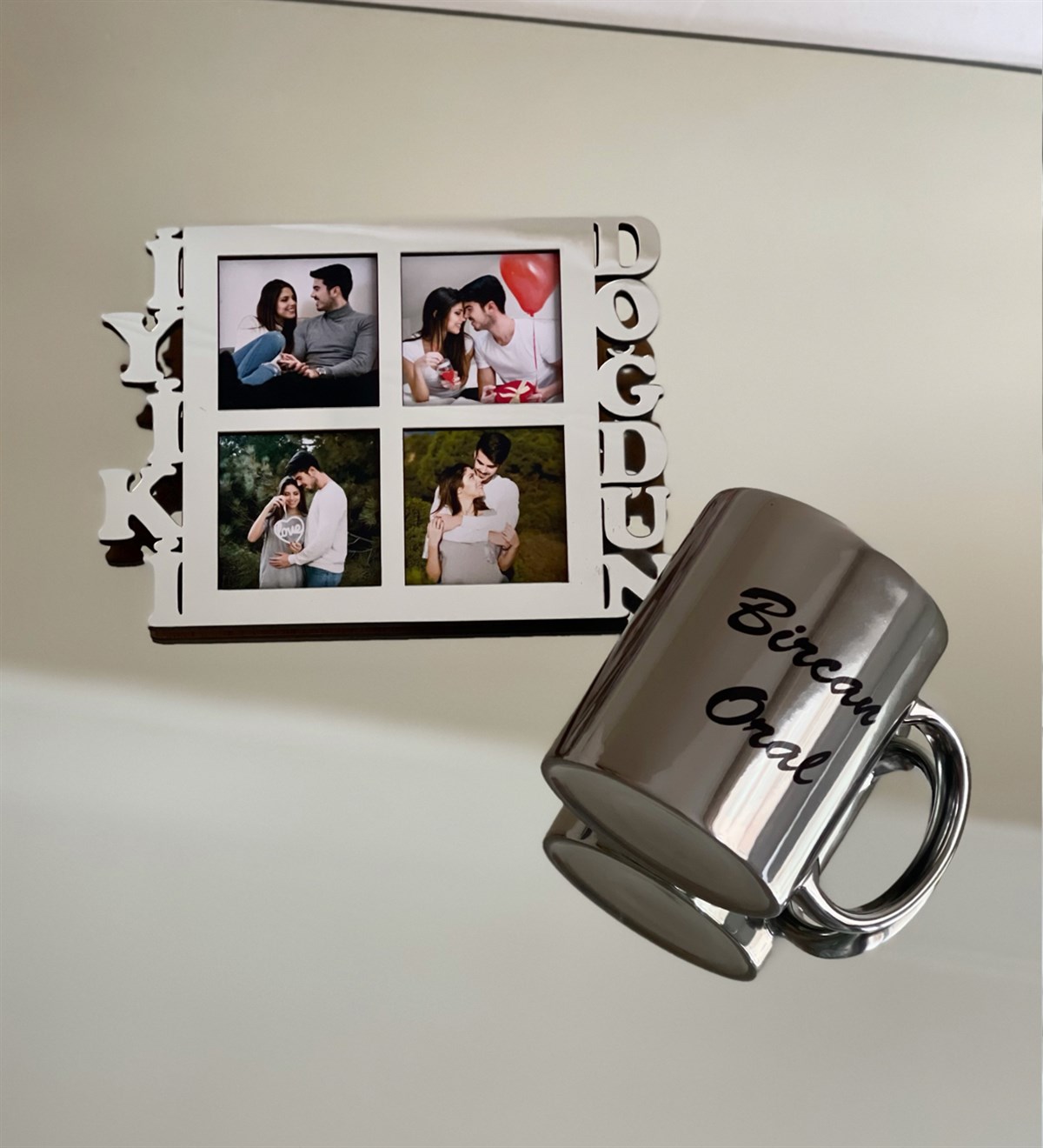 Kişiye Özel 4 Fotoğraflı İyiki Doğdun Mdf Çerçeve Gümüş  Ve Gümüş Kupa SetgiftmodaGmhs100530-Gmfc100012-Gmkp100155