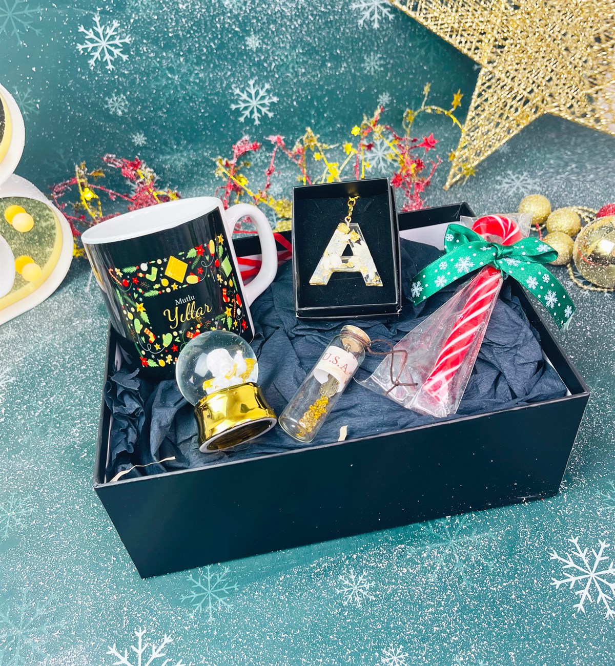 Mutlu Yıllar Kupa Dilek Şişesi Baston Şeker Altınyaldızlı Melek Kar Küresi Ve Epoksi Anahtarlık SetgiftmodaGmhs101321