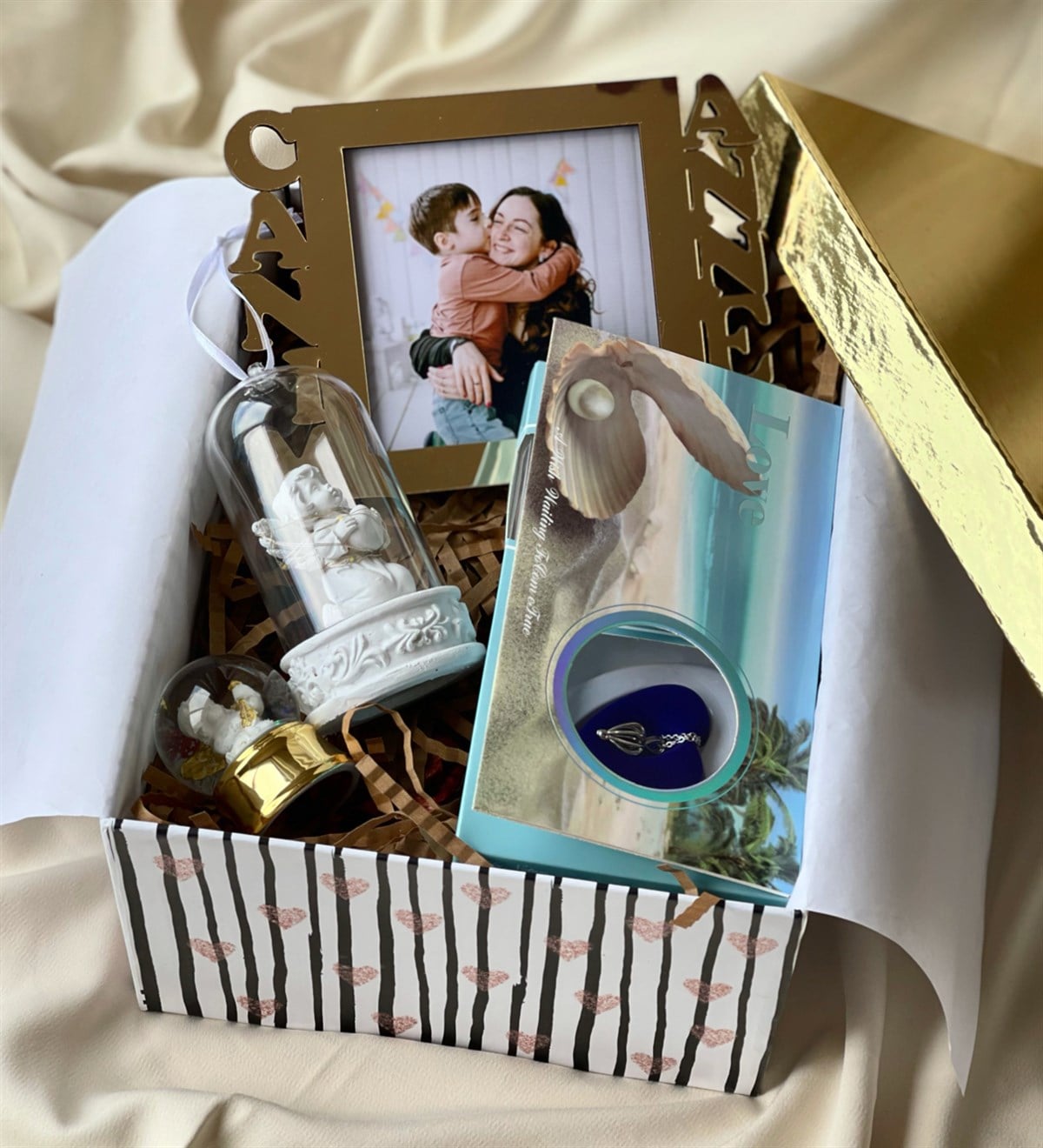 Gold Canım Annem Çerçeve İnci Kolye Işıklı Melek Biblo Ve Mini Melek Kar Küresi Anneye Hediye SetigiftmodaGmhs100601