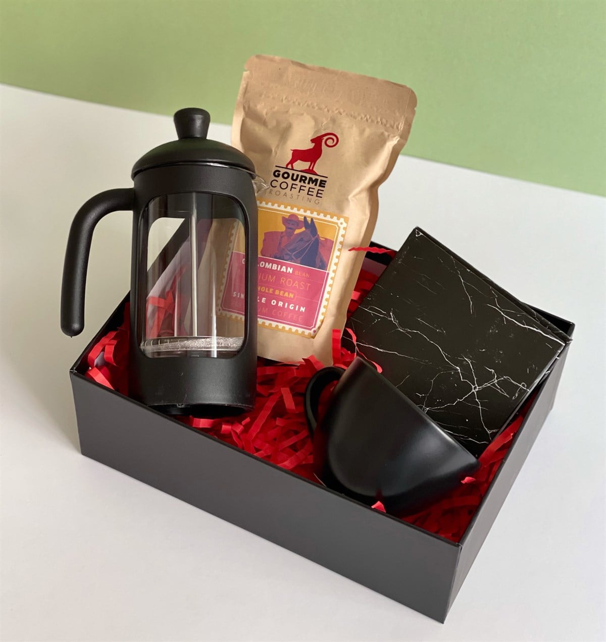 Siyah Mermer Tasarımlı Mini Albüm Siyah Çay Fincanı Filtre Kahve Ve French Press Hediye SetigiftmodaGmhs100805