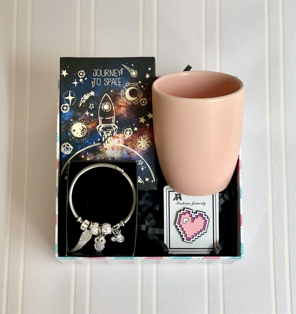 Space Roket Tasarımlı Mini Albüm Pembe Bulut Kupa Rozet Ve Baykuş Pandora Bileklik Hediye SetigiftmodaGmhs100895
