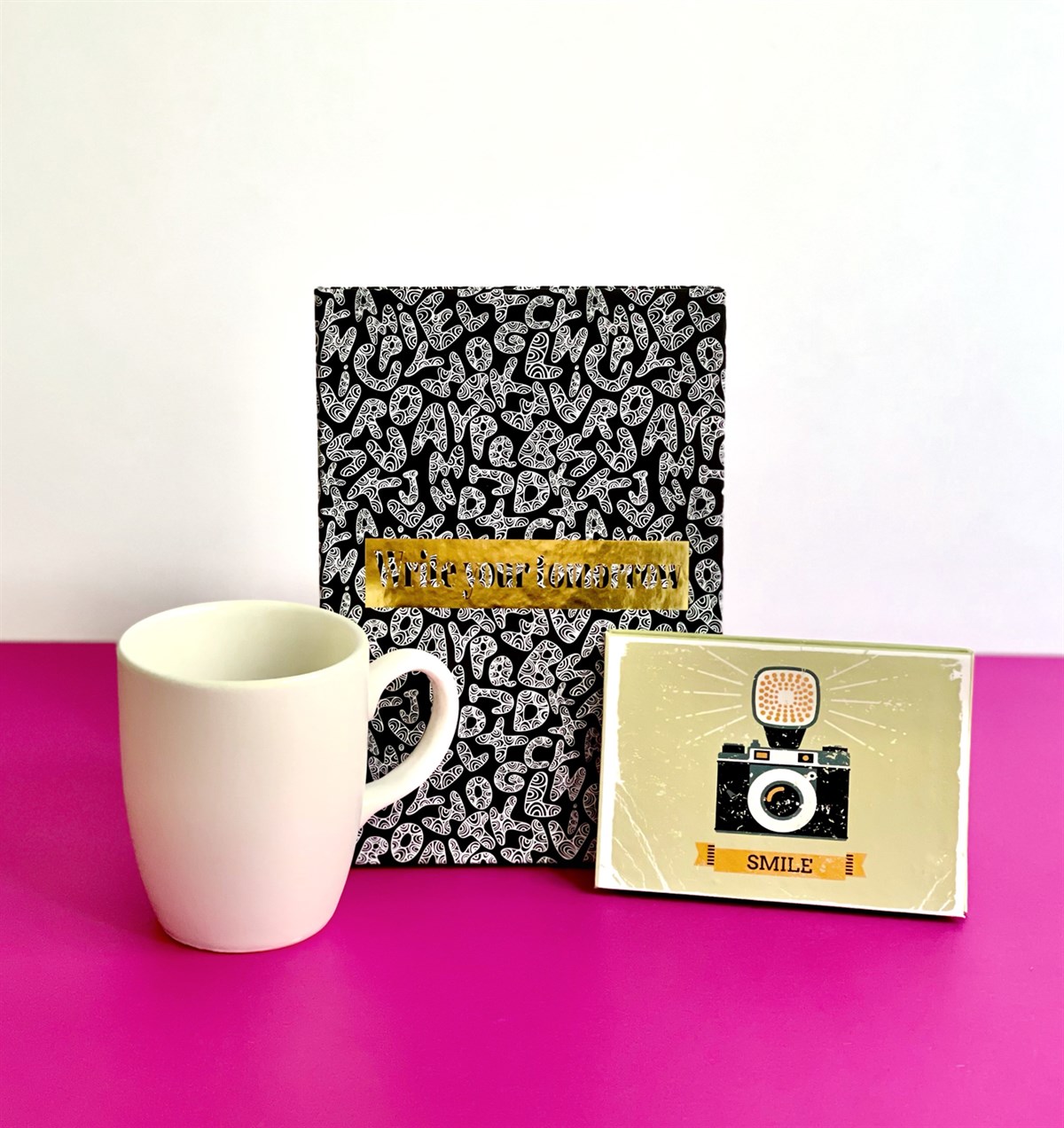 Write Your Tomorrow Tasarımlı Mini Albüm Beyaz Bulut Kupa Ve Smile Tasarımlı Defter SetgiftmodaGmhs100948